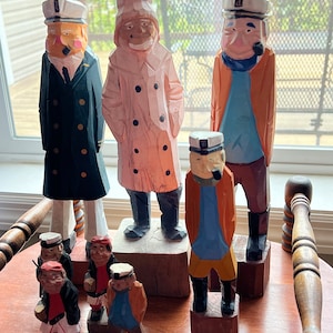 Vintage Collection of Carved wooden Sailors, Boats Folk Art Wood Nautical Decor Boating Pirate Figurine Wood Statues Figurines Art
