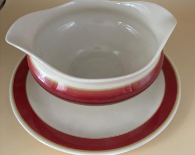 Vintage Syracuse China Gravy Boat and Saucer Red White Orange Stripe Lover Antiques and Vintage