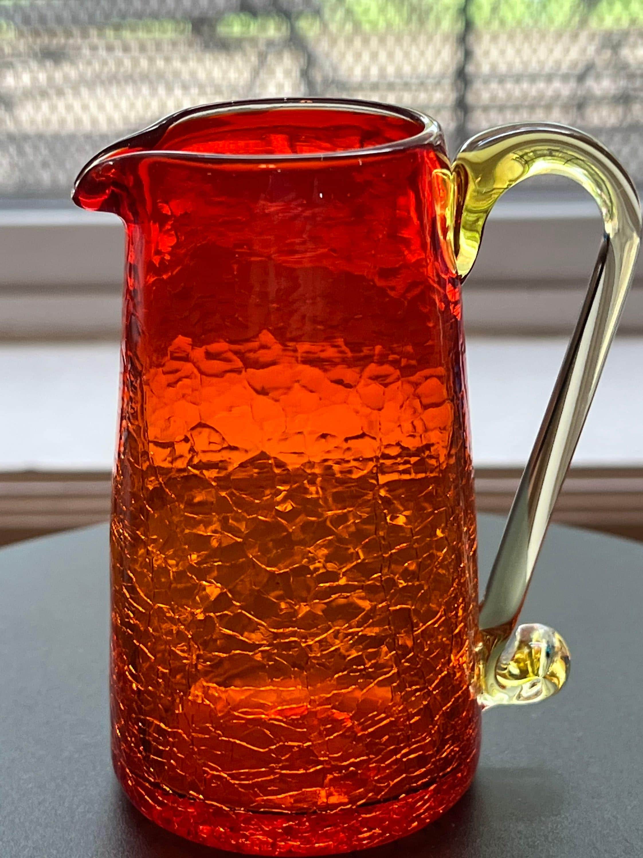 Vintage Crackle Amber Art Glass Colored Pitcher With Handle Orange