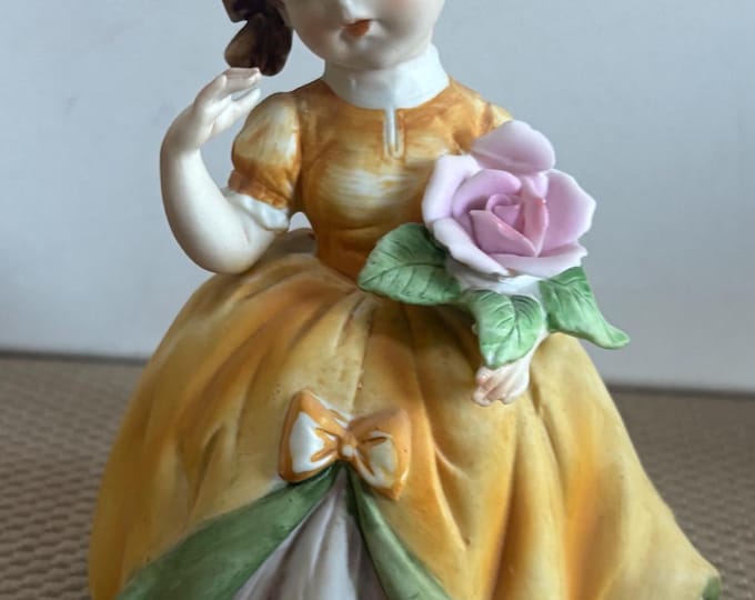 Vintage Lefton Large Girl Figurine Porcelain Hand Painted Figurine with Yellow Dress Made in Japan Japanese Lover Antiques and Vintage