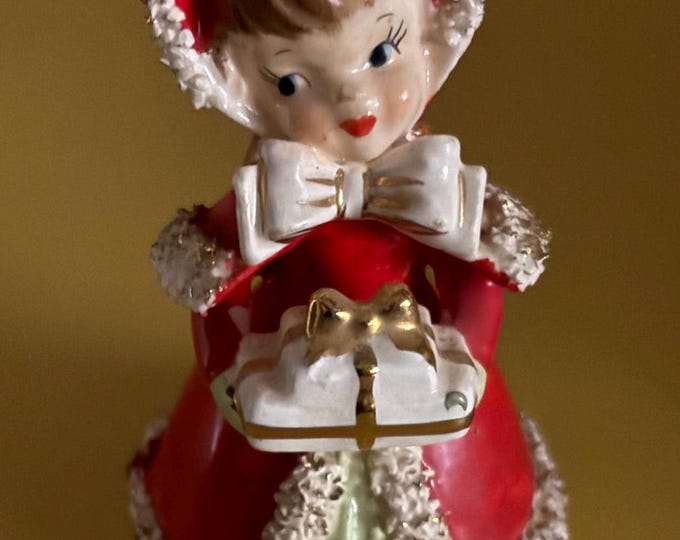 Vintage Lefton Christmas Girl Bell Hand Painted Porcelain Figurines Japanese Lover Antiques and Vintage