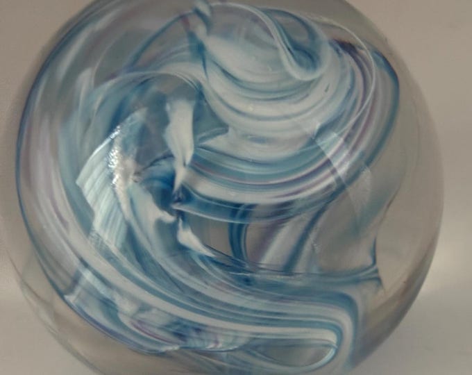 Ocean Hand Blown Blue White Glass Paperweight, Seaside Glass Art