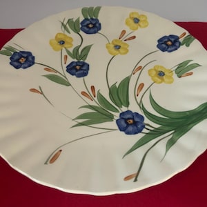 May include: A cream-colored, scalloped-edge plate with a floral design. The hand-painted flowers are blue and yellow with green leaves and brown accents. The plate is set against a red background.