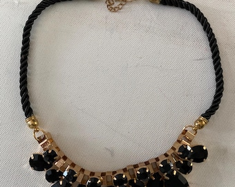 Vintage Black Gold Necklace with Black Onyx and Faceted Gems, Choker Style Jewelry, Elegant Gift for Her