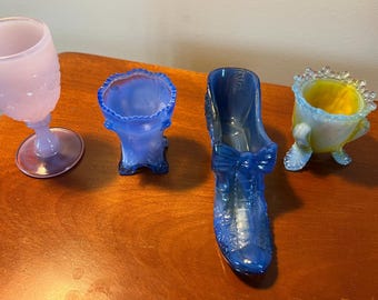 Vintage Boyd Art Glass Collection Blue Shoe Purple Goblet Footed Vase