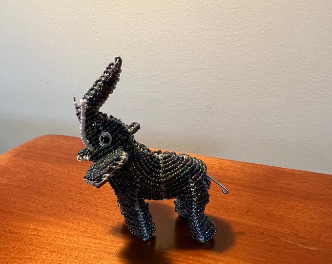 Vintage Beaded Elephant trunk up Elephant Ornament, Beaded Ornament, Vintage Beadwork, Home Decor lucky Elephant Figurine metal