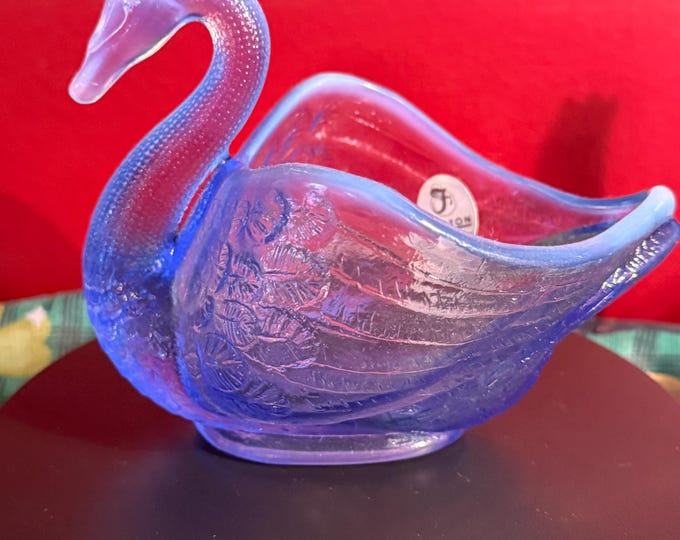 Vintage Fenton Blue Opalescent Glass Swan Candy Dish: Art Glass Decor