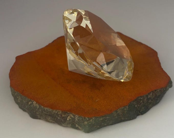 Vintage Citrine Faceted Glass Diamond Stone, Pointed Cut Brilliant Crystal Decor