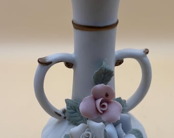 Vintage Lefton 2 Handled Vase Hand Painted Porcelain Capodimonte Style Figurines Japanese Lover Antiques and Vintage