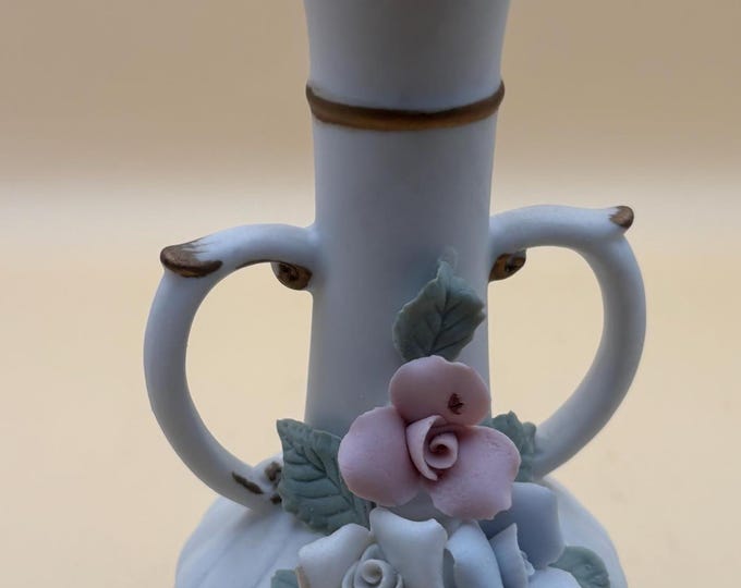 Vintage Lefton 2 Handled Vase Hand Painted Porcelain Capodimonte Style Figurines Japanese Lover Antiques and Vintage