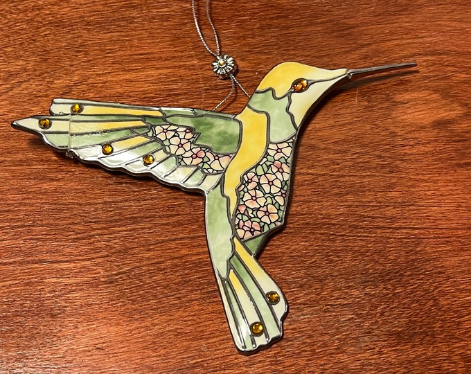 Vintage Yellow & Green Hummingbird Stained Glass Art Sun Catcher pink bird ornament Bradford Exchange Garden Jewels