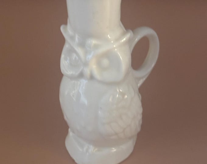 Vintage White China Owl Bud Vase Candle Holder 4.5 Inch Handled Miniature Decor