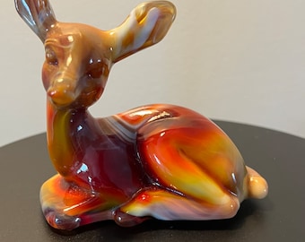Fenton Fawn Figurine, Deer Statue, Ruby Marble 1984 Special Order Satin Glass Art