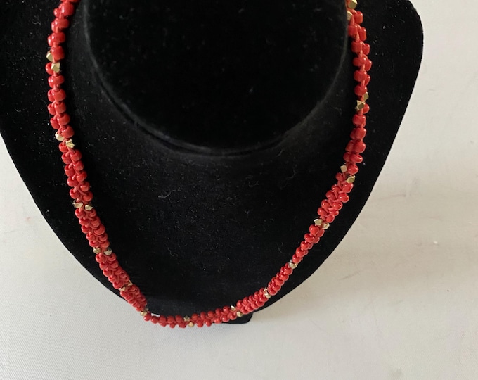 Vintage Red & Gold Mini Bead Necklace Coral Red Jewelry Lover Antiques and Vintage