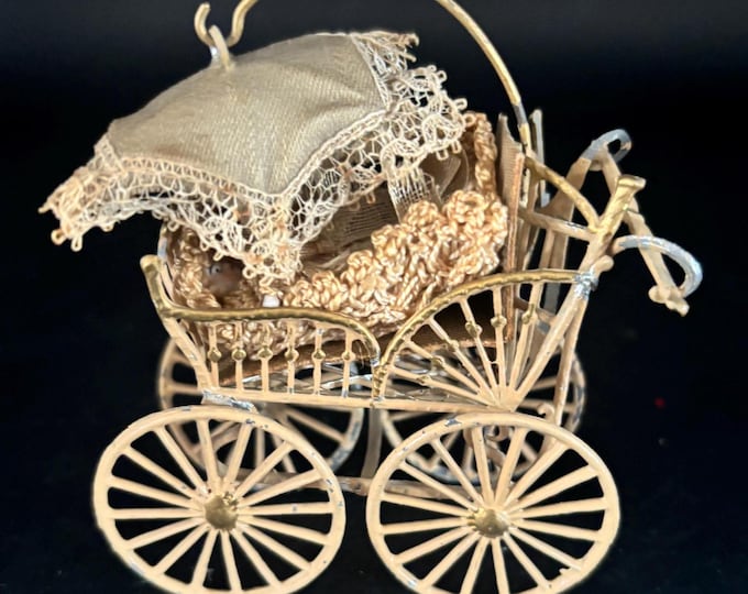 Antique Miniature Doll Carriage, Dollhouse Pram Stroller, Lover Antiques and Vintage
