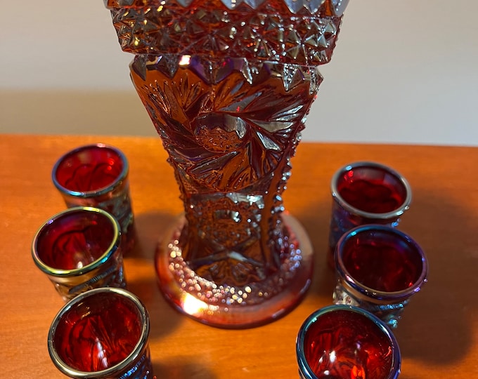 Vintage Carnival Iridescent Glass Swung Vase with Matching Shot Glasses Set Lover Antiques and Vintage