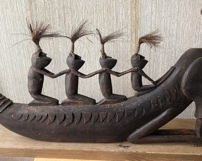 Vintage Hand Carved Wood Dragon Boat Sculpture: Borneo Tribal Art