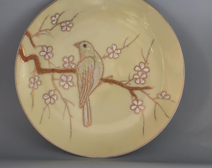 Vintage Bird on a Branch Japanese Moriage Porcelain Plate with Textured Decoration 3D Art Lover Antiques and Vintage