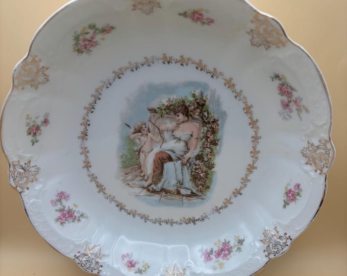 Antique Zeh Scherzer Bavaria Porcelain Bowl Z.S. & Co Plate Cupid and Maiden Surrounding Flowers Design Lover Antiques and Vintage