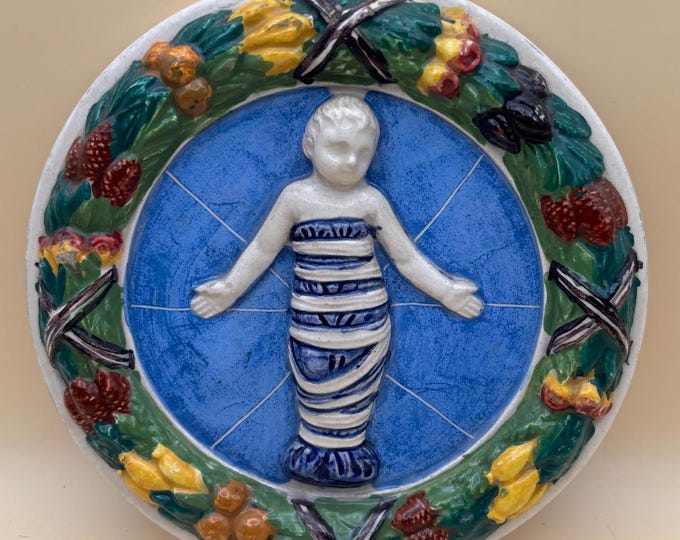 Italian Della Robbia Ceramic Christ Child Plaque Baby Jesus Wall Hanging Lover Antiques and Vintage