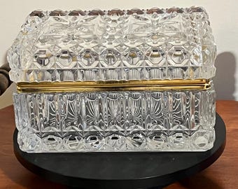Large French Crystal Brass Jewelry Casket Box Vintage Hand Cut Lead Crystal & Brass Hinged Trinket Box Lover Antiques and Vintage