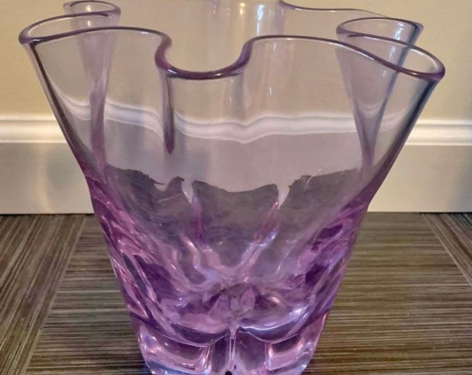 Vintage Czechoslovakian Zelezny Brod Sklo Alexandrite Neodymium Purple Glass Vase with Ruffled Edge Glass