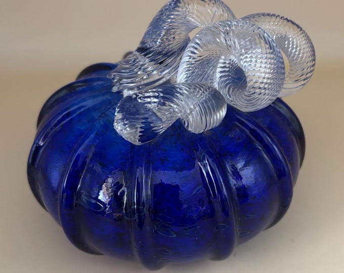 Vintage Cobalt Blue Glass Pumpkin with Curly Stem Hand Blown Glass Art Lover Antiques and Vintage