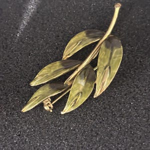 May include: A gold-toned brooch in the shape of a leaf branch. The leaves are olive green with darker accents, and the stem is a lighter gold color. The brooch has a pin closure on the back.