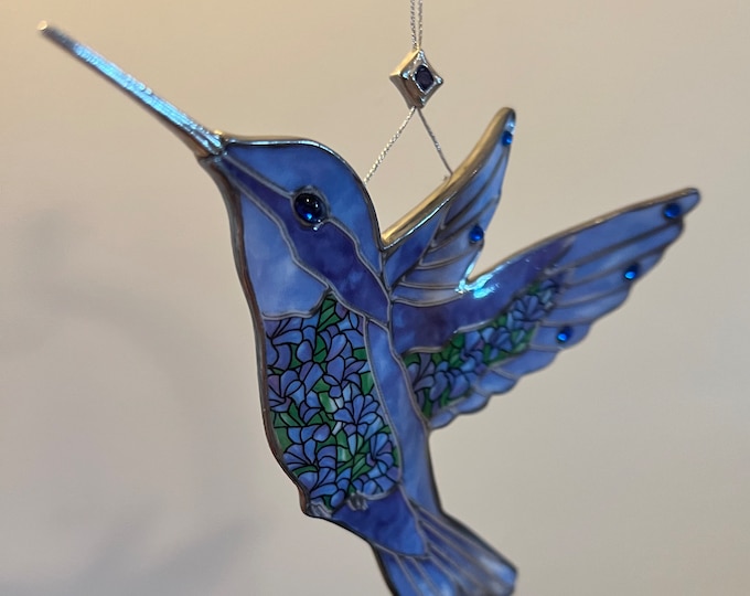 Vintage Hummingbird Stained Glass Art Sun Catcher bird blue