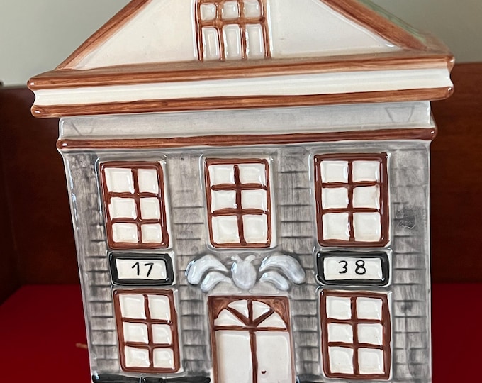 Vintage Dansk Portugal Brownstone House Ceramic Cookie Jar Canister Rare Green Roof Lover Antiques and Vintage