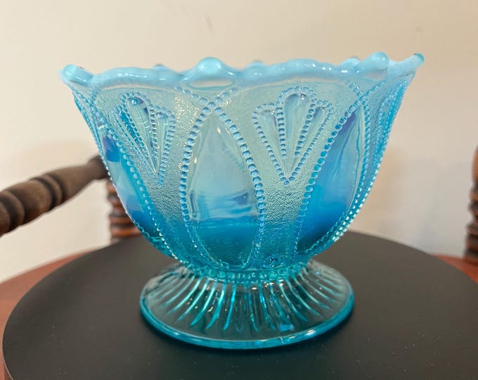 Northwood Blue Opalescent Glass Bowl Roulette Pattern Footed Glass Bowl Lover Antiques and Vintage