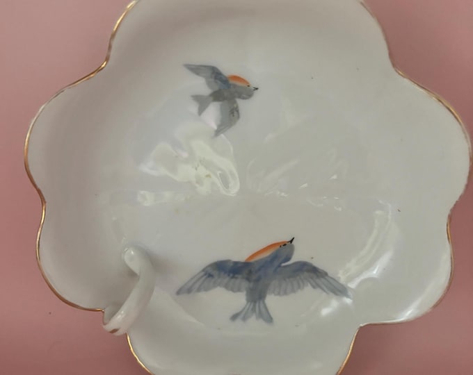 Antique Nippon Birds in Flight Hand Painted Porcelain Bowl with Gold Gilding Bird Plate with Handle Lover Antiques