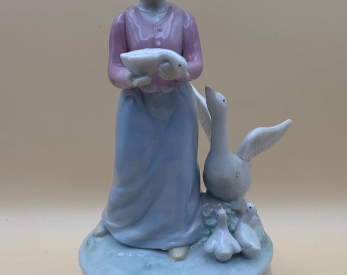 Vintage Woman with Geese Music Box Statue Hand Painted Figurine Lover Antiques and Vintage