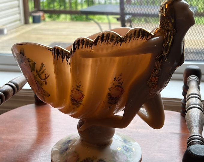 Vintage Cambridge Crown Tuscan Flying Lady Compote Glass Bowl Charleton Gilt and Floral Painting Opalescent Peach Lover Antiques and Vintage