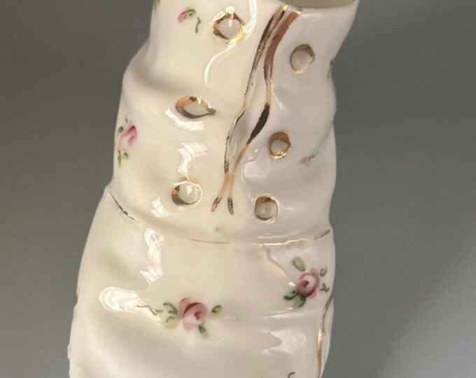 Vintage Porcelain Shoe with Hand Painted Flowers White and Pink with Green Rose Shoe Lover Antiques and Vintage