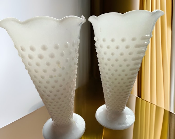 Vintage Hobnail White Ruffled Vase, Pair of White Milk Glass Vases, Lover Antiques and Vintage