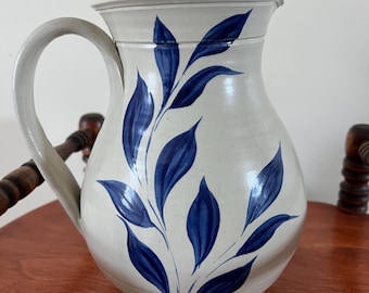 Vintage Williamsburg Pottery Pitcher with Cobalt Blue Flower Design Lover Antiques and Vintage