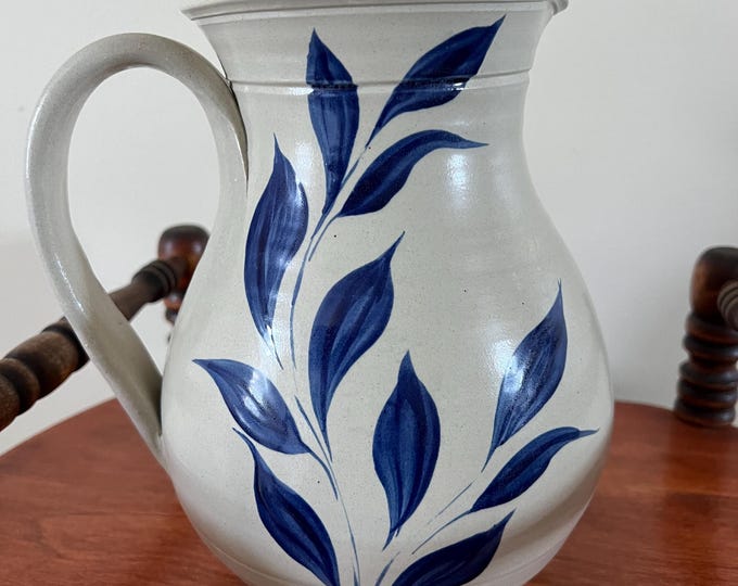 Vintage Williamsburg Pottery Pitcher with Cobalt Blue Flower Design Lover Antiques and Vintage