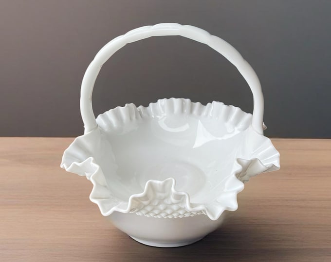 Fenton Large White Hobnail Ruffled Milk Glass Basket, White Fenton Large Basket, Ruffled Art Glass, Lover Antiques and Vintage