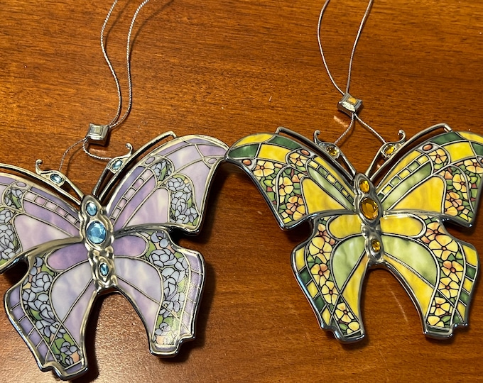 Vintage Bradford Editions Butterflies Silken Wings Porcelain Lot of 2 stained glass orange pink green butterfly Christmas ornaments Set #9