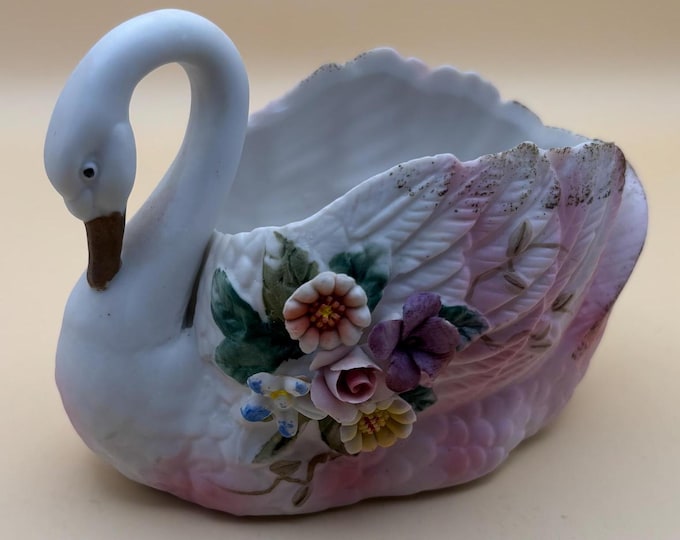 Vintage Hand Painted Porcelain Swan with Roses Capodimonte Style Figurines Japanese Lover Antiques and Vintage