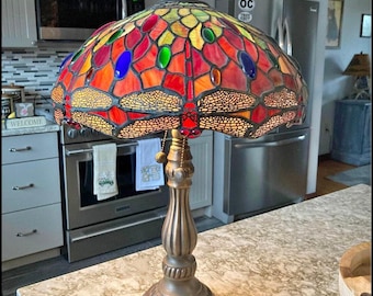 Vintage Tiffany Style Lamp Stained Glass Dragonfly Table Lamp