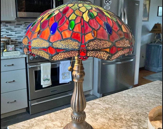 Vintage Tiffany Style Lamp Stained Glass Dragonfly Table Lamp