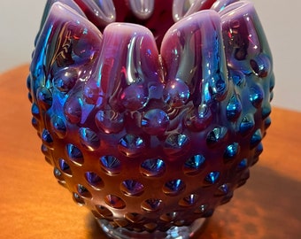 Vintage Fenton Plum Iridescent Hobnail Glass Rose Bowl #3323