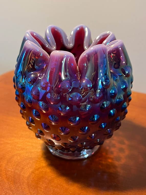 Vintage Fenton Plum Iridescent Hobnail Glass Rose Bowl #3323