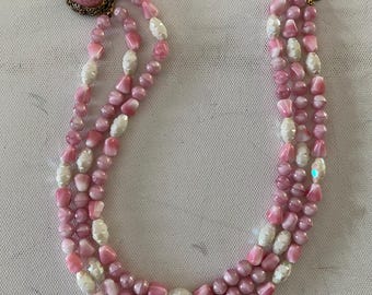 Vintage Pink & White Beaded Multi Strand Necklace