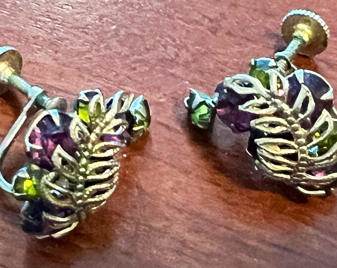 Vintage Silver Leaf with Stones Screw Back Earrings Purple Green Silver Stones