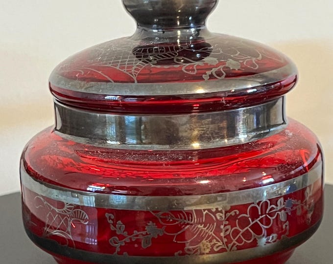 Vintage Bohemian Ruby Red Glass Container with Lid Hand Painted Silver Gilding Trinket Box Lidded Jar Lover Antiques and Vintage
