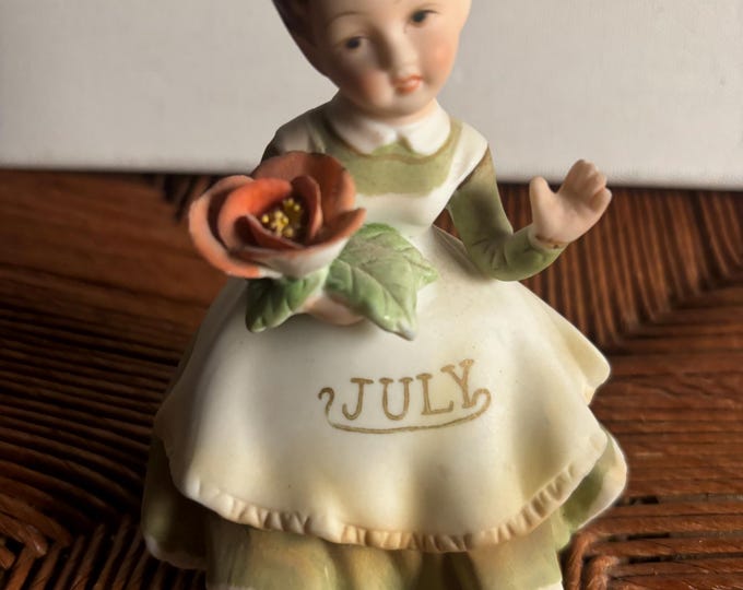 Vintage Lefton July Birthday Girl Porcelain Figurine Carrying A Red Rose Hand Painted Figure Japanese KW 4200 Lover Antiques