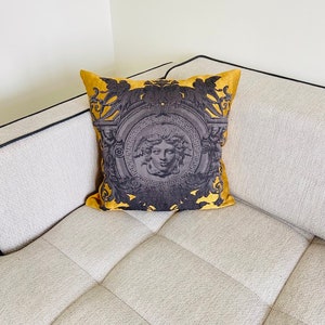 Golden Yellow Luxury Pillow with Medusa Head | Gold Cushions | Yellow and Gold Pillow | Gold Home Decor | Luxury Pillows